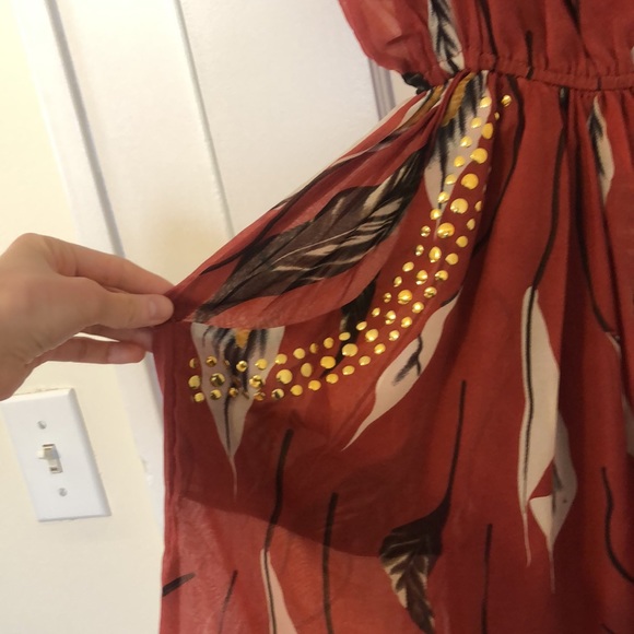 Red Vintage Bohemian Feather-Patterned Dress (Donating 4/15) - Picture 5 of 6